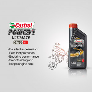 Castrol Power 1 Ultimate 20W-50 motor oil bottle with motorcycle illustration