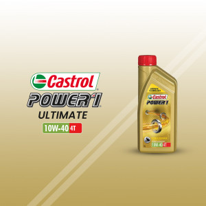 Castrol Power 1 Ultimate 10W-40T motor oil bottle against a gold background
