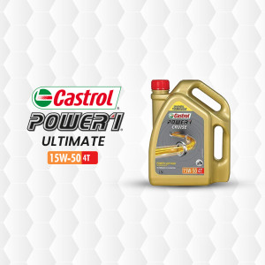 Castrol Power 1 Ultimate 15W-50 4T engine oil bottle against a grey hexagonal background.