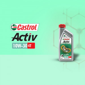 Castrol Activ 10W-30 4T engine oil bottle against a green hexagonal background.