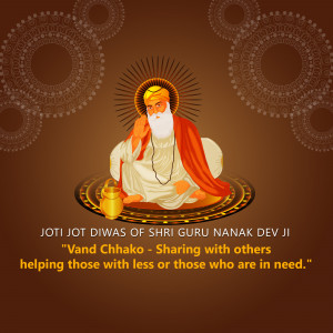 Illustration of Guru Nanak Dev Ji with a decorative background and text wishing 'Joti Jot Diwas'.