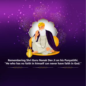 Portrait of Guru Nanak Dev Ji with a quote on a purple background