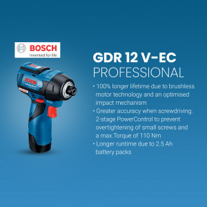 Bosch GDR 12 V-EC Professional cordless impact driver on a blue background