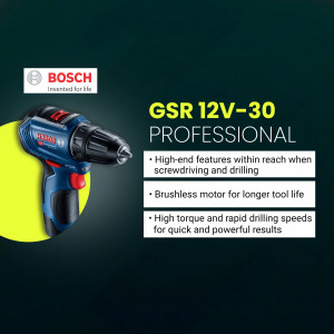 Bosch GSR 12V-30 Professional cordless drill on a yellow and dark green background
