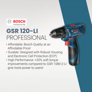 Bosch GSR 120-LI Professional cordless drill with text highlighting features.