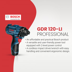 Bosch GDR 120-LI Professional cordless impact driver/wrench on a red and white background