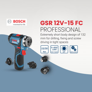 Bosch GSR 12V-15 FC Professional cordless drill with attachments