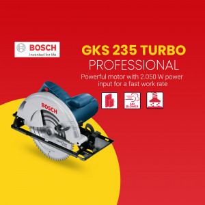 Bosch GKS 235 Turbo Professional circular saw on a red and yellow background