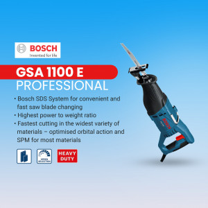 Bosch GSA 1100 E Professional reciprocating saw on a blue gradient background