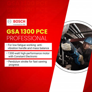 Bosch GSA 1300 PCE Professional reciprocating saw advertisement featuring a construction worker.