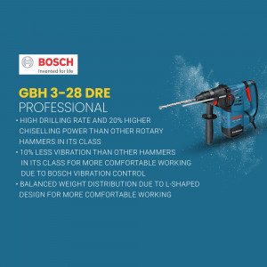 Bosch GBH 3-28 DRE Professional rotary hammer drill with text highlighting features.