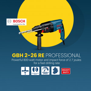 Bosch GBH 2-26 RE Professional hammer drill on a blue and yellow background
