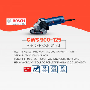 Bosch GWS 900-125 Professional Angle Grinder on a red and white background