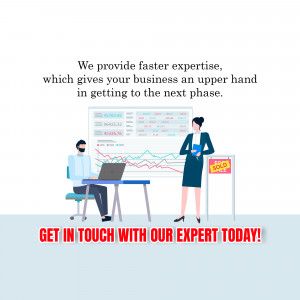 Illustration of business professionals analyzing data and a 'Sold' sign, promoting expert business advice.