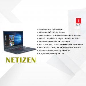 Black Netizen laptop with specifications listed on a light gray background.