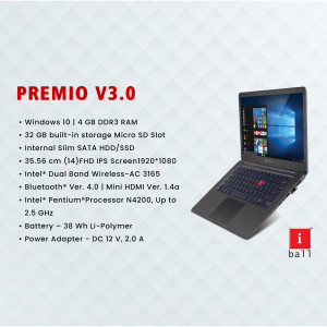Black Premio V3.0 laptop with specifications listed