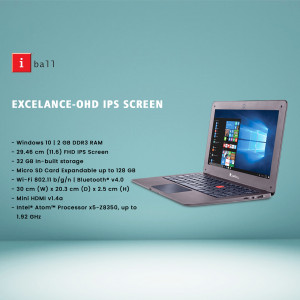 iBall Excelance-OHD laptop with IPS screen, silver color, showing Windows 10 interface.