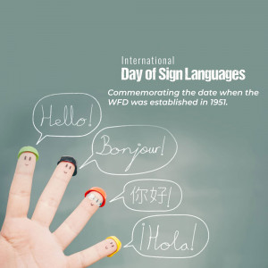 Image depicting hands with faces and speech bubbles in different languages celebrating International Day of Sign Languages.