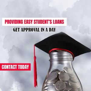 Image depicting a graduation cap on top of a jar filled with coins, promoting easy student loans.