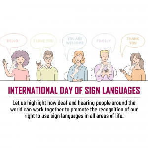 Illustration of people signing with speech bubbles displaying sign language phrases.