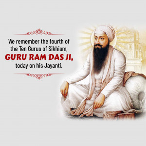 Portrait of Guru Ram Das Ji with text commemorating his Jayanti
