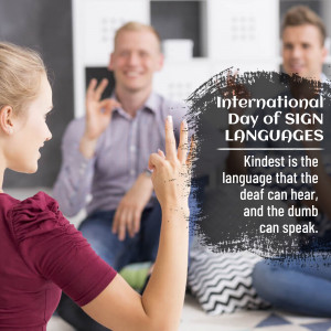 People communicating using sign language with text overlay 'International Day of Sign Languages'