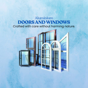 A promotional image showcasing various aluminum doors and windows.