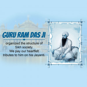 Portrait of Guru Ram Das Ji with the Golden Temple in the background