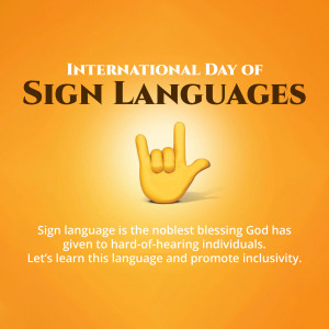 Image commemorating International Day of Sign Languages with a hand gesture and text.
