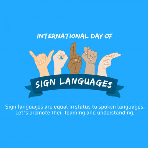 Illustration of hands signing with the text 'International Day of Sign Languages'