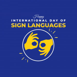 International Day of Sign Languages graphic with hands forming the number 69 in sign language.
