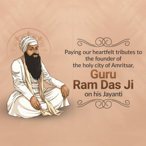 Illustration of Guru Ram Das Ji with text commemorating his Jayanti