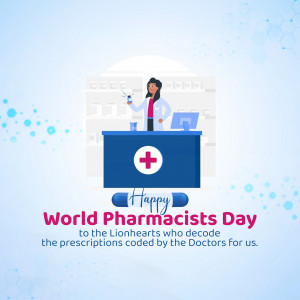 Illustration of a pharmacist at work with a 'Happy World Pharmacists Day' message.