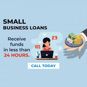 Illustration of a woman working on a laptop with a hand offering money, promoting small business loans.