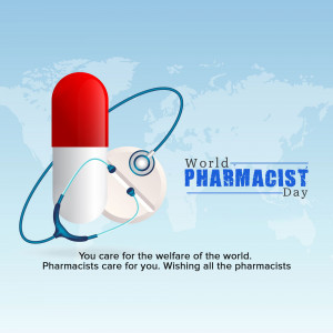World Pharmacist Day graphic with a pill, stethoscope, and world map