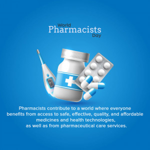 Image depicting medical supplies like pills, a thermometer, and a medicine bottle with a plus sign, celebrating World Pharmacists Day.