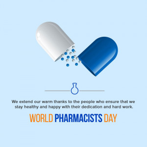 Illustration of an open capsule with pills and text 'World Pharmacists Day'