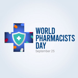 World Pharmacists Day graphic with pills, shield and cross