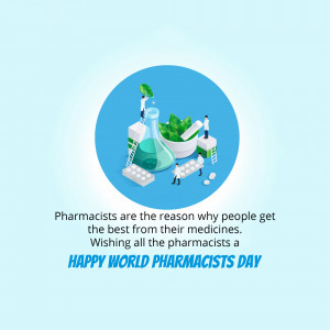 Illustration of pharmacists working with medical equipment and text celebrating World Pharmacists Day.