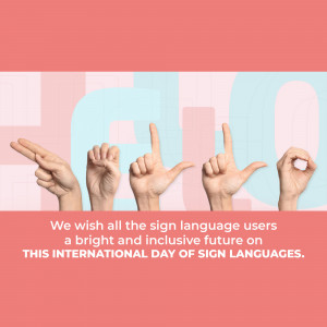 Hands making sign language gestures with text wishing a bright future for sign language users.