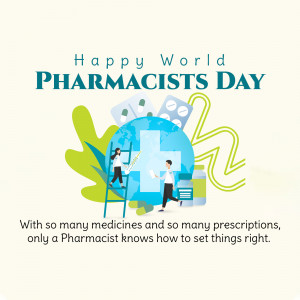 Illustration celebrating World Pharmacists Day with a globe, pills, and pharmacists.