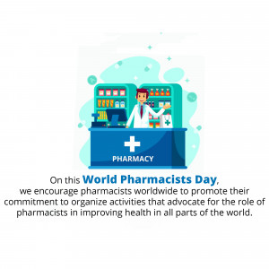 Illustration of a pharmacy counter with a pharmacist and text celebrating World Pharmacists Day.