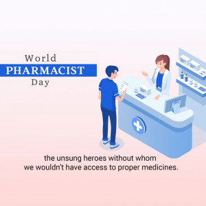 Illustration of a pharmacist assisting a customer at a pharmacy counter.
