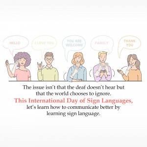 Illustration of people using sign language with speech bubbles containing positive messages.