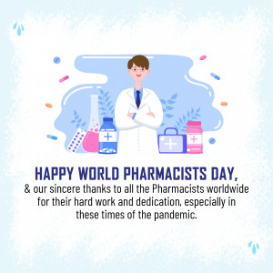Illustration of a pharmacist with medical supplies and text 'Happy World Pharmacists Day'