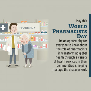 Illustration of a pharmacist assisting an elderly woman in a pharmacy.