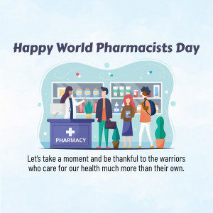 Illustration of a pharmacy with people and a pharmacist, celebrating World Pharmacists Day.