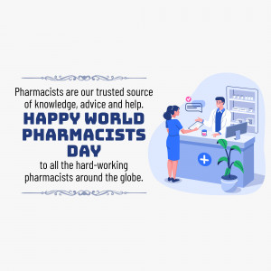 Illustration of a pharmacist assisting a customer at a pharmacy counter with text celebrating World Pharmacists Day.