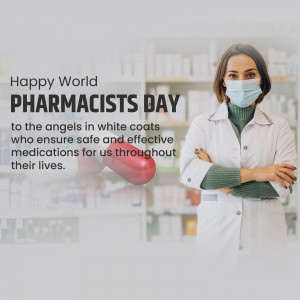 A female pharmacist wearing a white coat and face mask with arms crossed, with a blurred pharmacy background and a large pill in the foreground.