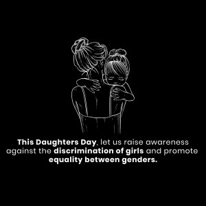 Illustration of a mother hugging her daughter with text promoting gender equality.